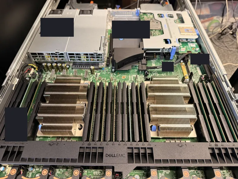 Close-up of server heatsinks and memory slots