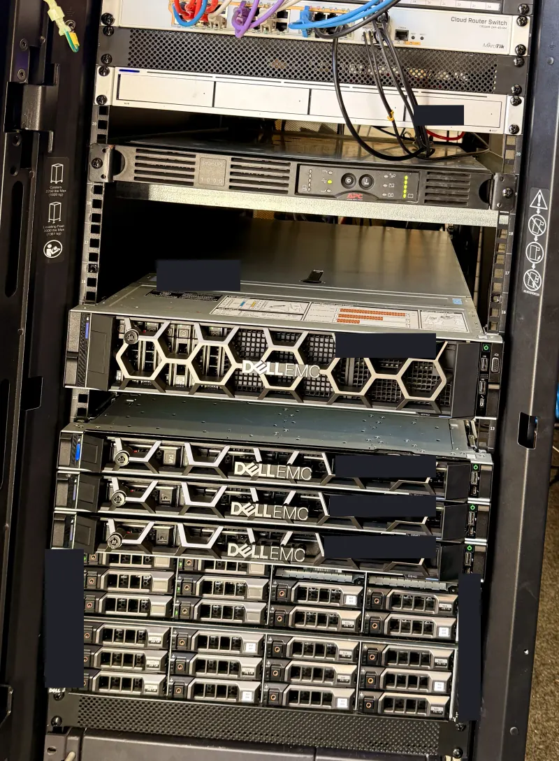 The real Rizo Rack with network equipment, rack servers and storage enclosures
